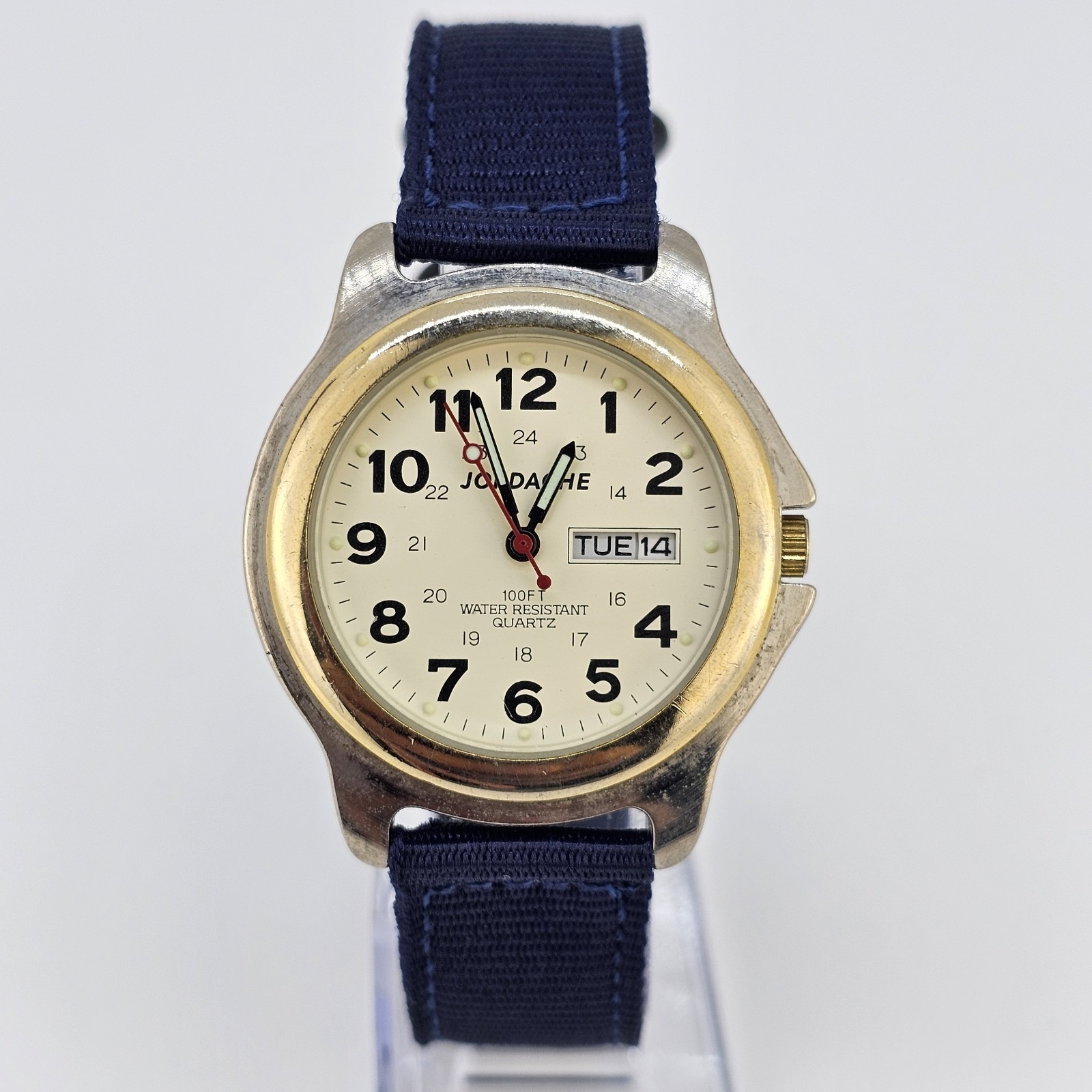 Vtg Jordache Unisex Watch 38mm Cream Dial Daydate New Blue Nylon Bands Battery
